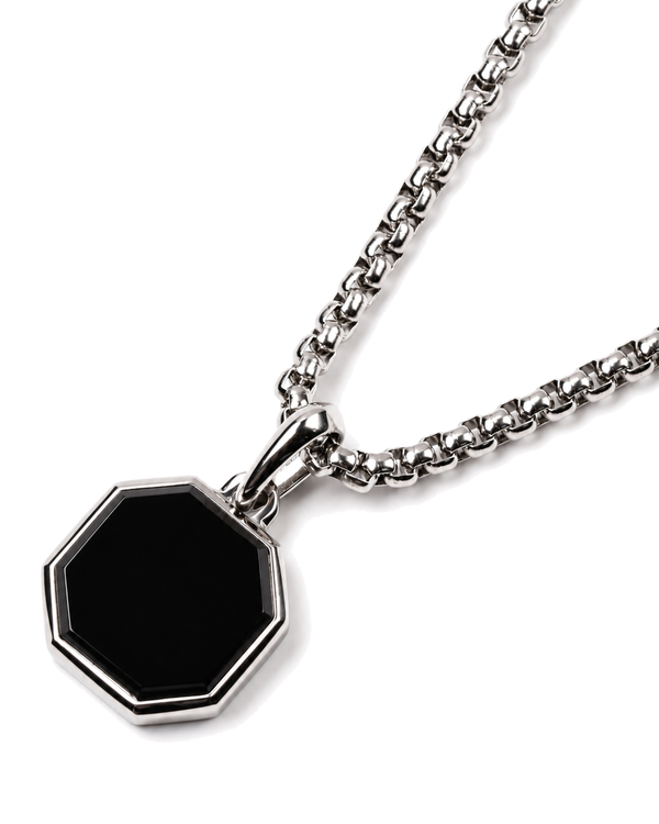 Silver-tone chain with black octagonal pendant drop and metal bail