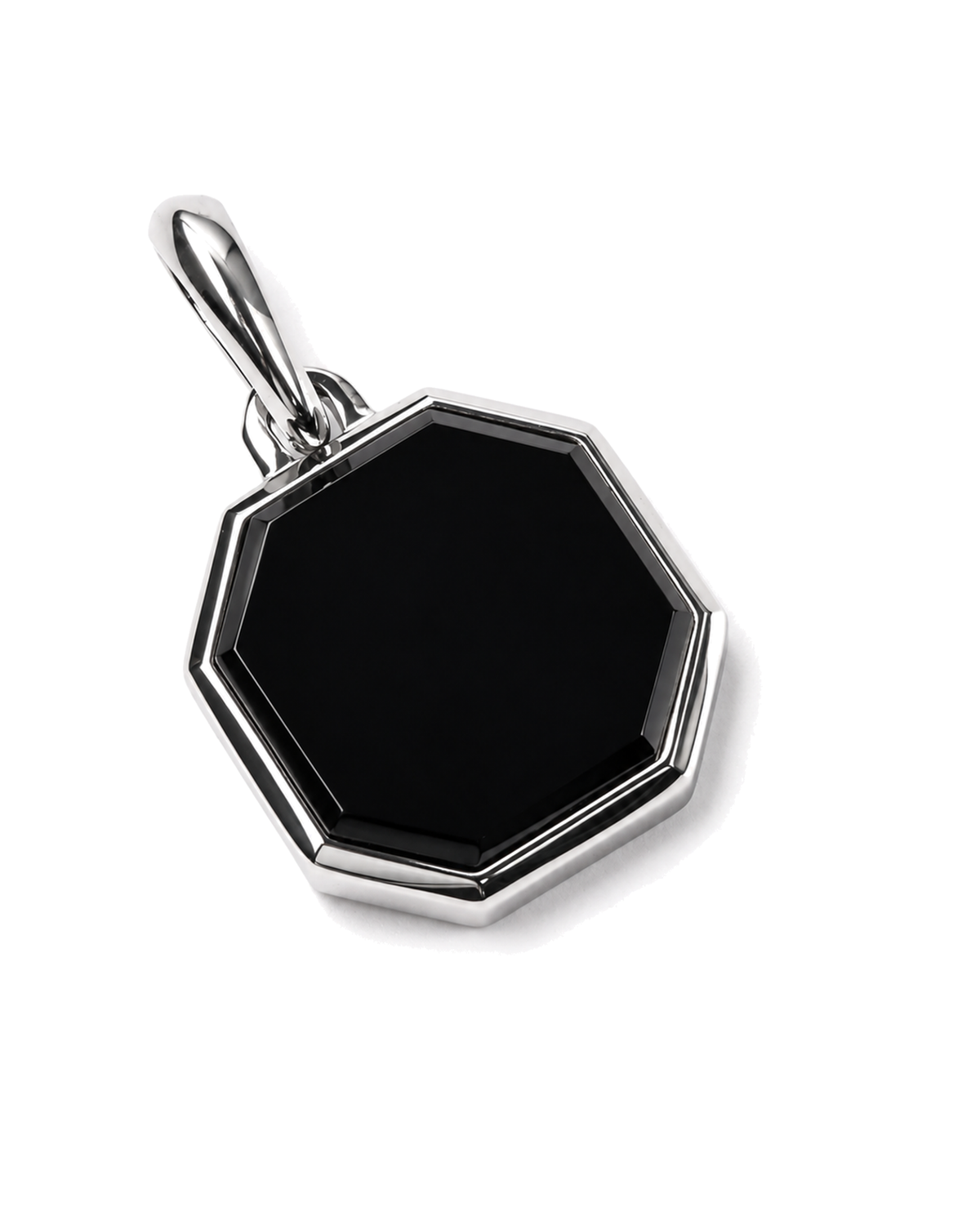 Silver-tone octagonal pendant necklace with dark black octagon stone on bail
