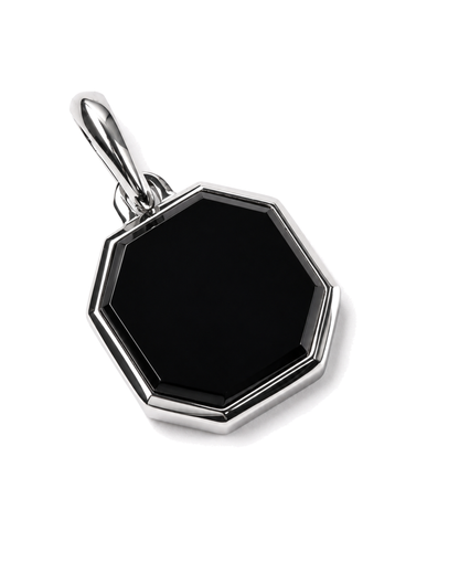 Silver-tone octagonal pendant necklace with dark black octagon stone on bail