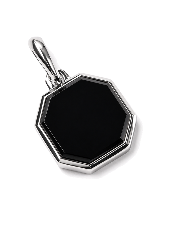 Silver-tone octagonal pendant necklace with dark black octagon stone on bail
