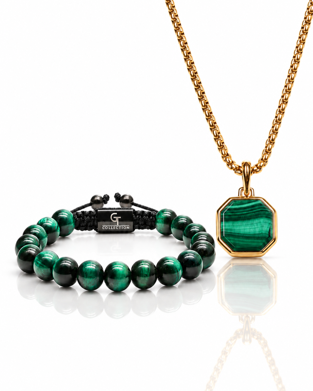 Green beaded bracelet and malachite pendant necklace with gold chain.