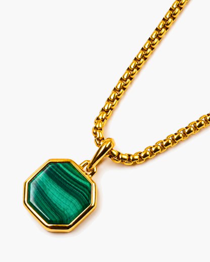Gold chain with octagonal green malachite pendant, close side view