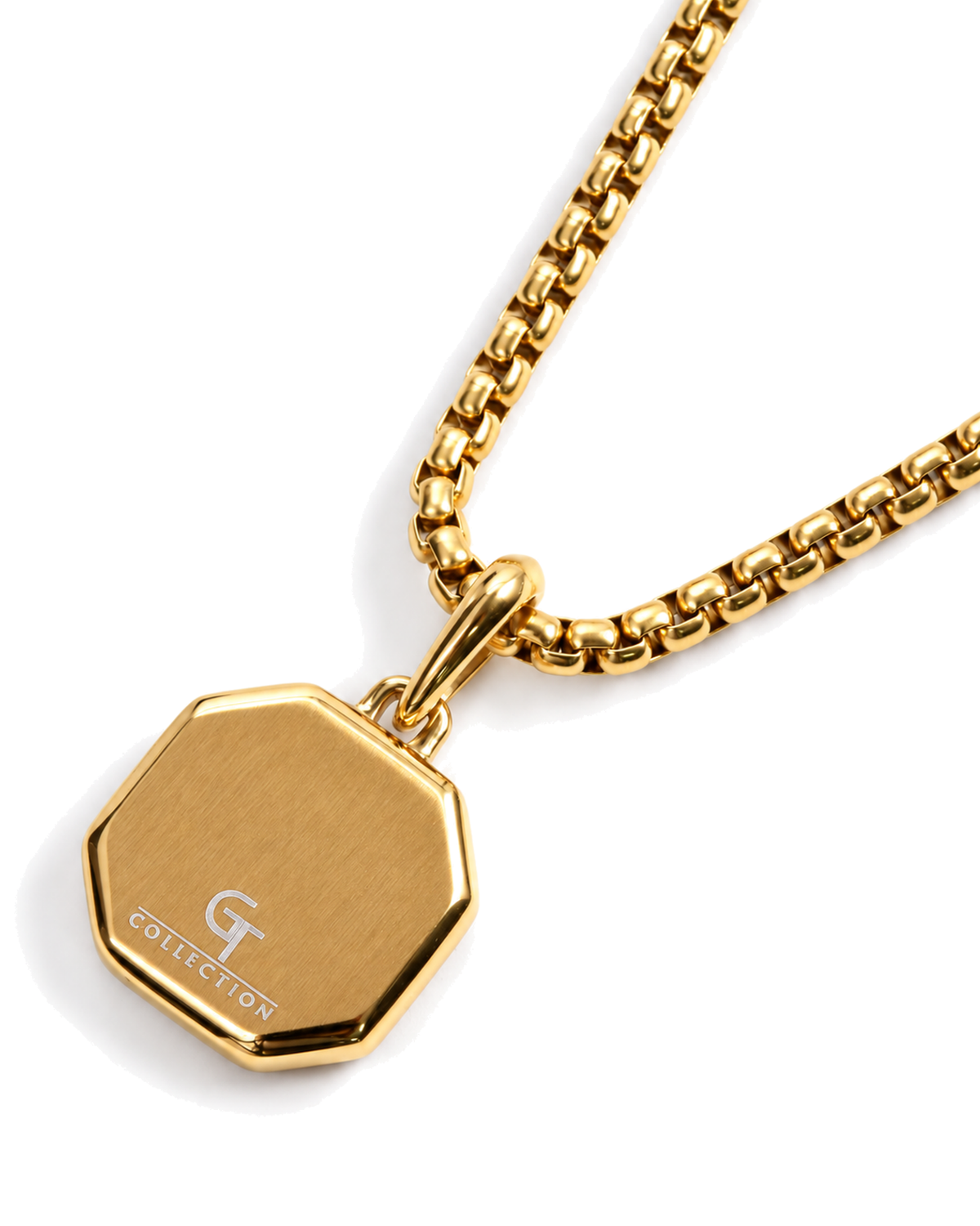 Gold chain necklace with octagonal gold pendant back, close-up