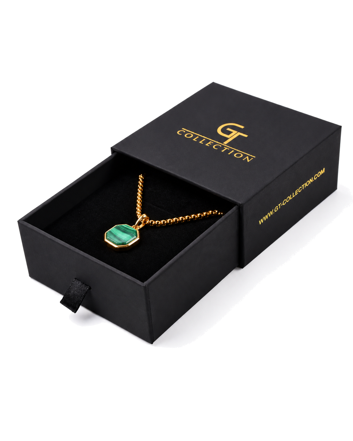 Gold chain necklace with octagonal green malachite pendant, resting in gift box