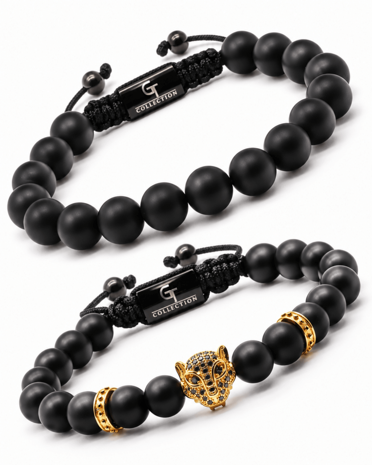 Black beaded bracelet stack with gold-toned accents and charm Imagen principal del producto