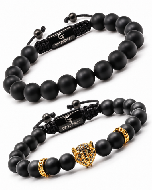 2er-Set – Onyx-Armbänder für Herren | Golden Arabian Leopard Stack