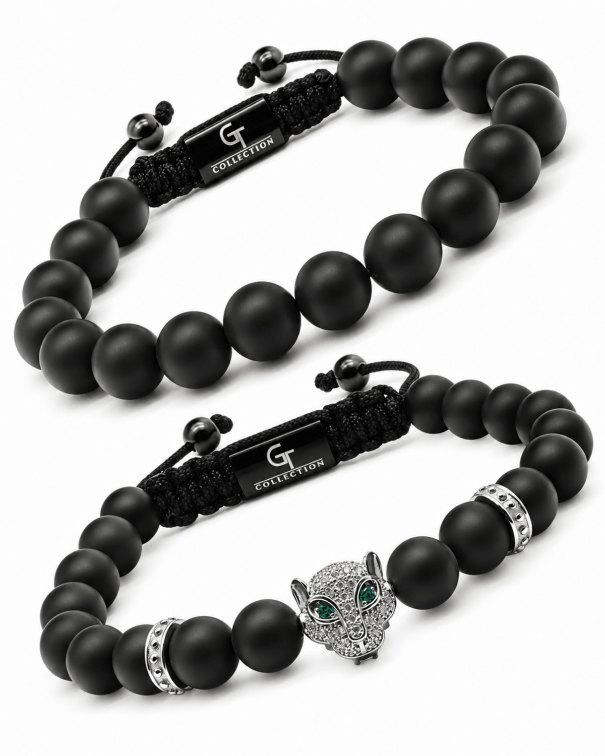 Black onyx beaded bracelet stack with braided tags and silver-tone lion charm Glavna slika izdelka