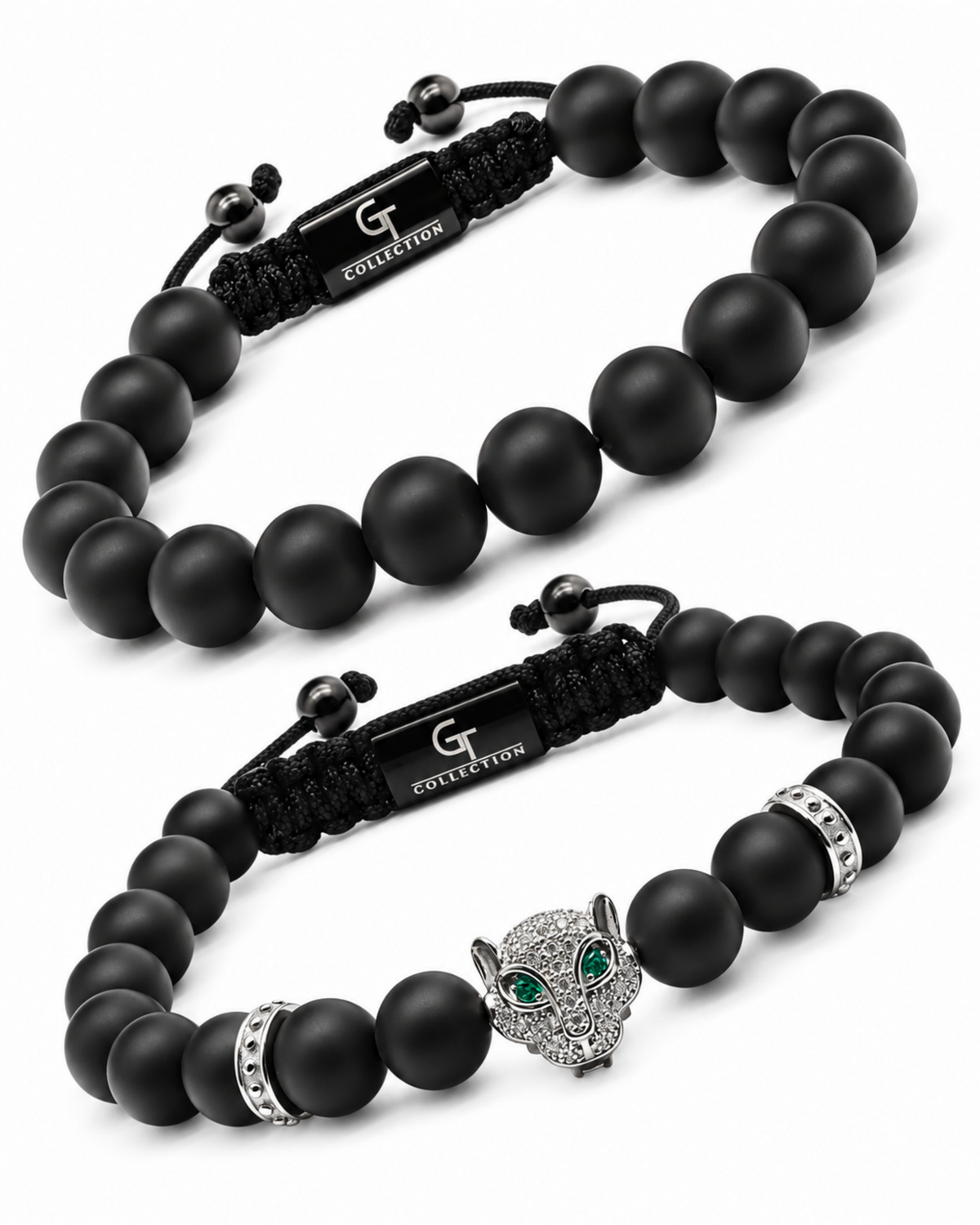 Black onyx beaded bracelet stack with braided tags and silver-tone lion charm