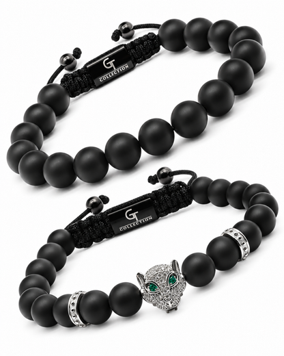 Black onyx beaded bracelet stack with braided tags and silver-tone lion charm