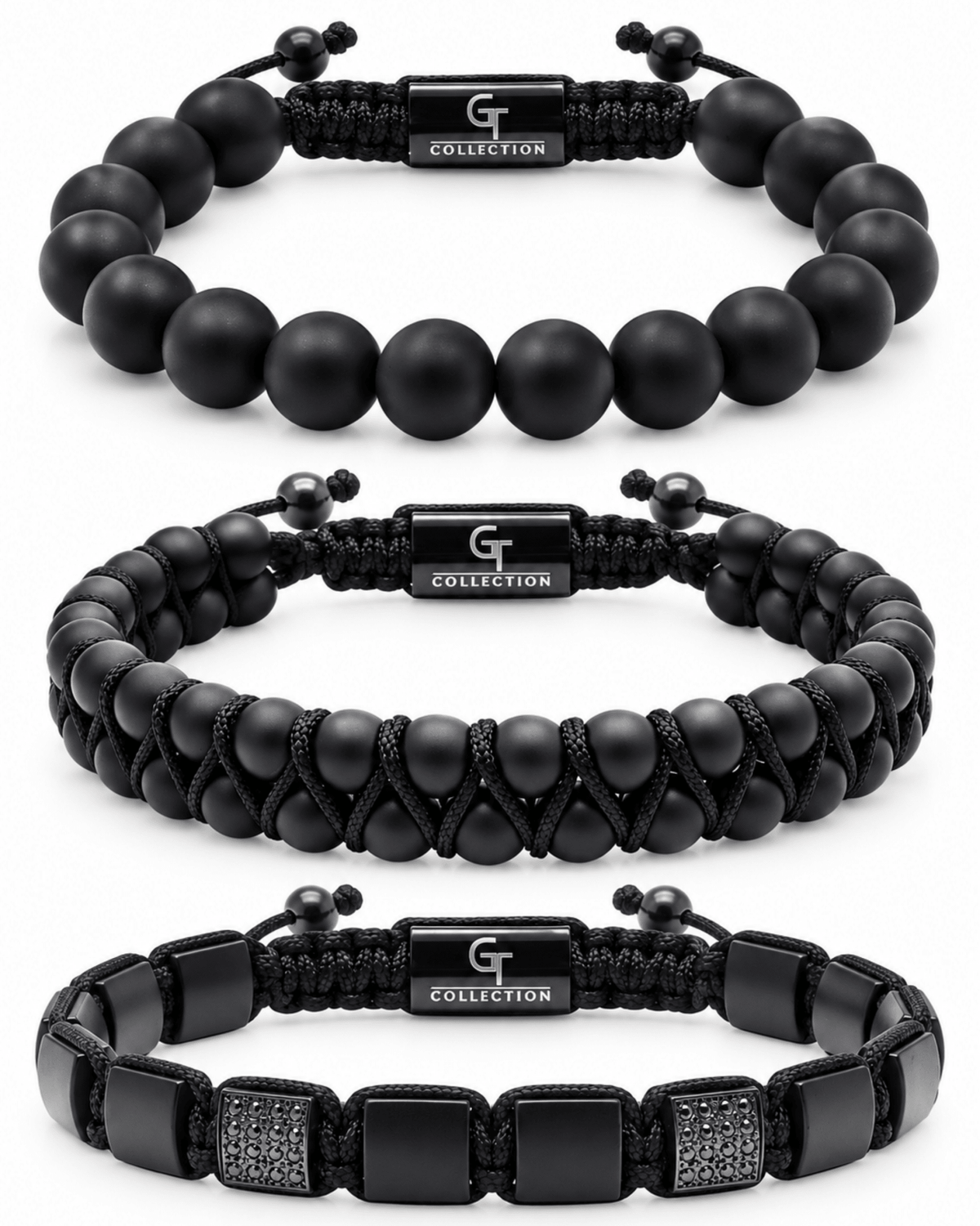 Black onyx bracelet set of three: bead, braided, and textured bead styles with clasp details Imagen principal del producto