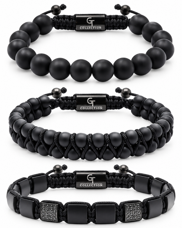 Black onyx bracelet set of three: bead, braided, and textured bead styles with clasp details