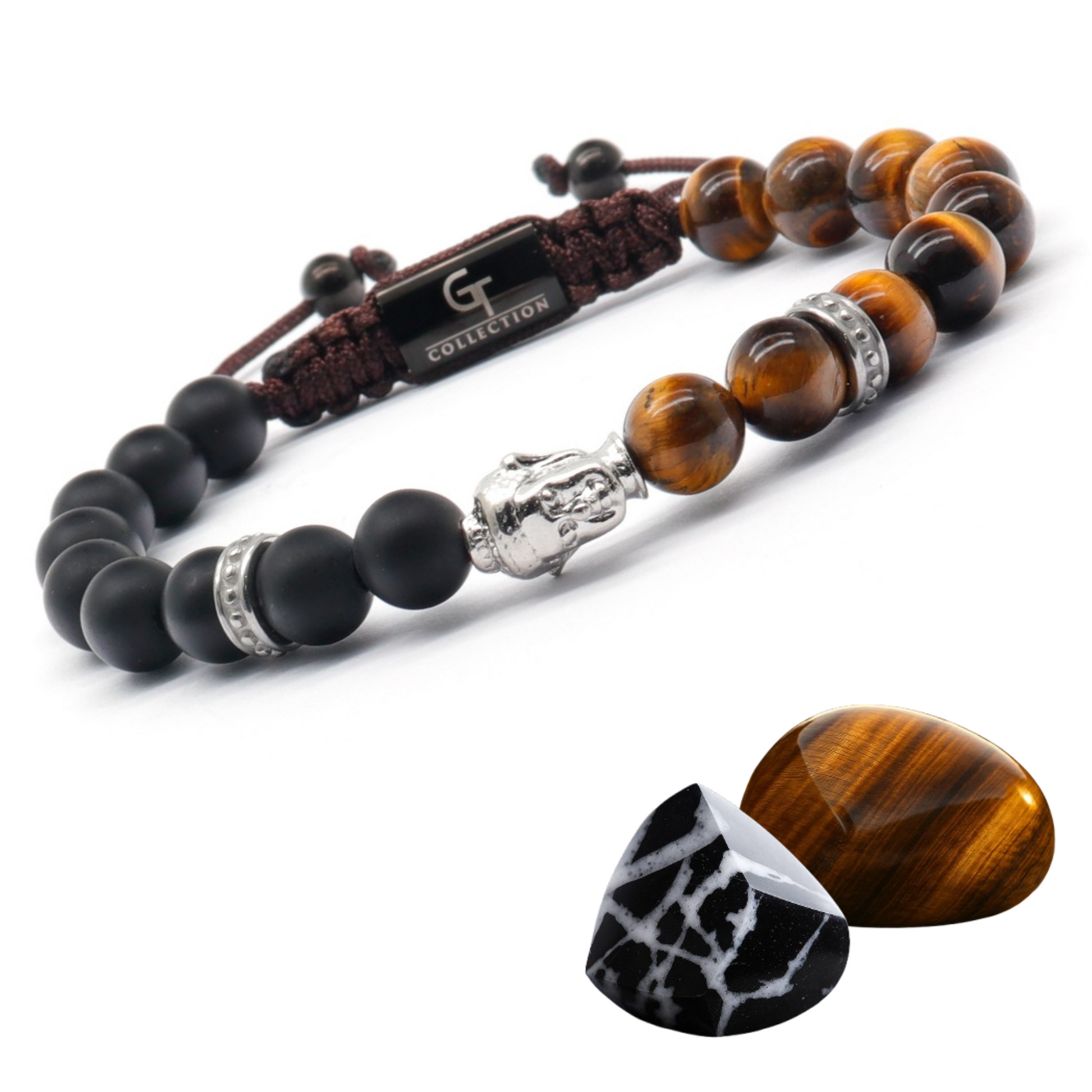 Men's Silver Buddha Bead Bracelet with TIGER EYE and ONYX