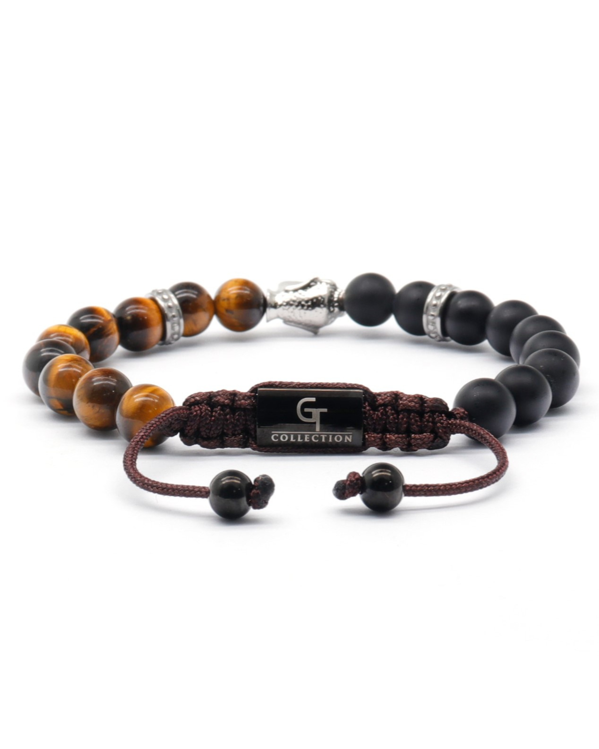 Beaded bracelet with tiger-eye and black beads, silver Buddha figure, cord ties