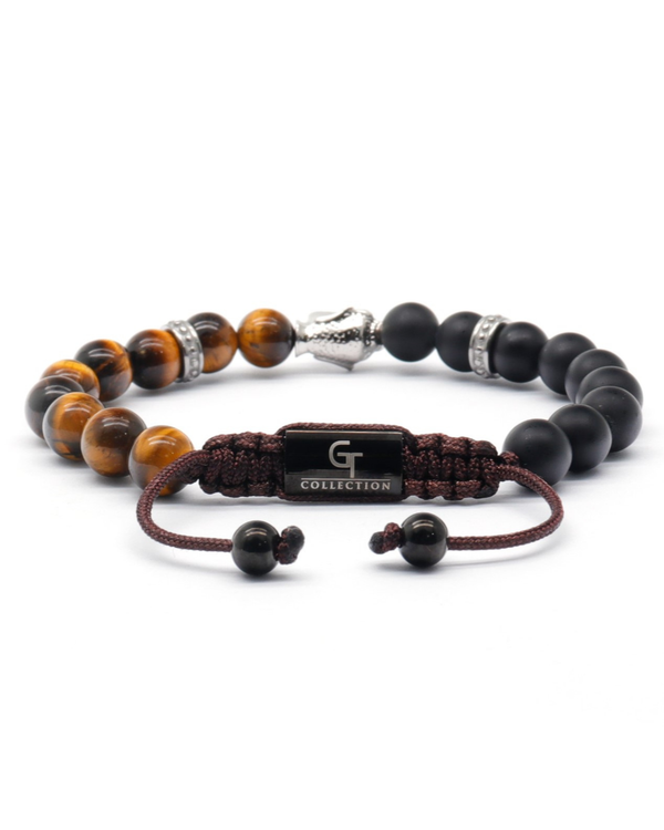 Beaded bracelet with tiger-eye and black beads, silver Buddha figure, cord ties