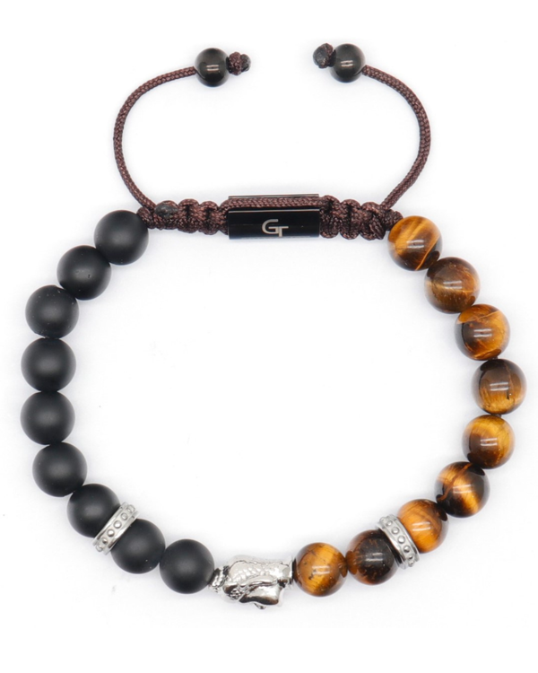 Beaded bracelet with black beads and tiger-eye accents, adjustable cord, Buddha centerpiece