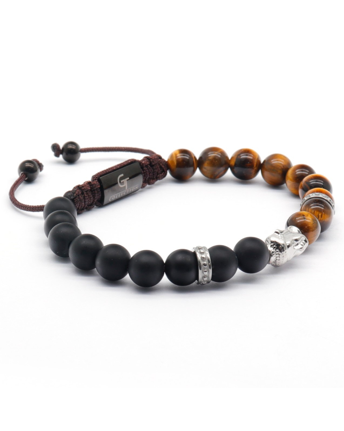 Beaded bracelet with tiger-eye brown beads, black matte beads, silver Buddha charm
