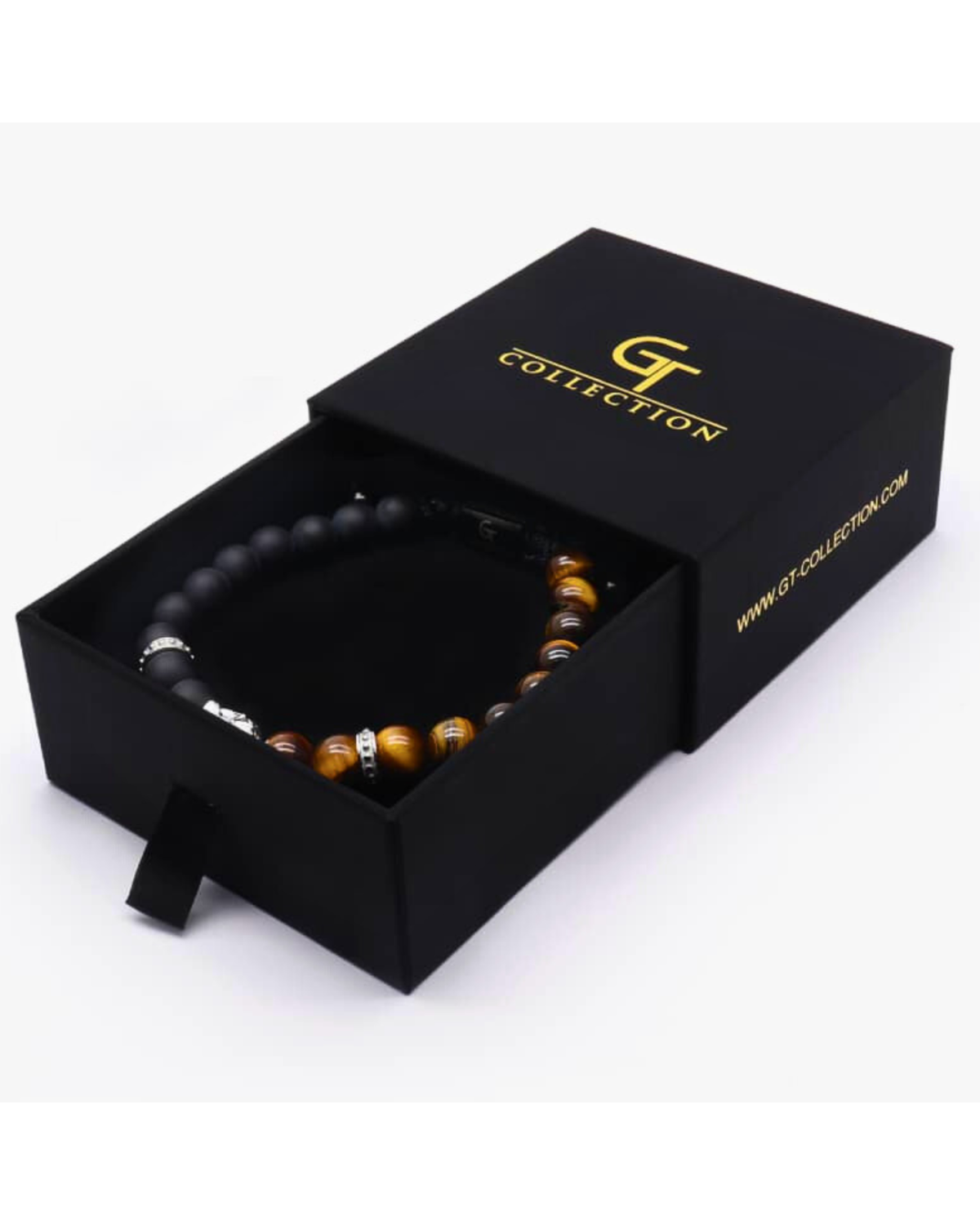Bracelet gift box with tiger-eye and black beaded bracelet and silver Buddha charm