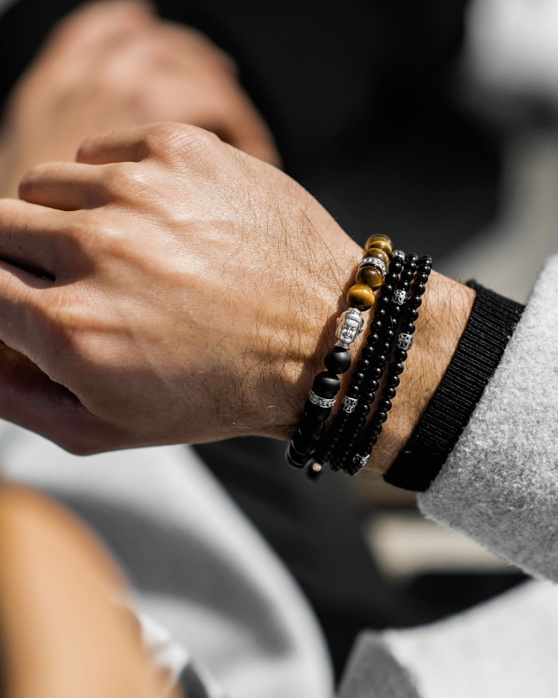 Tiger Eye & Matte Black Onyx Buddha Bracelet – Silver Secondary image