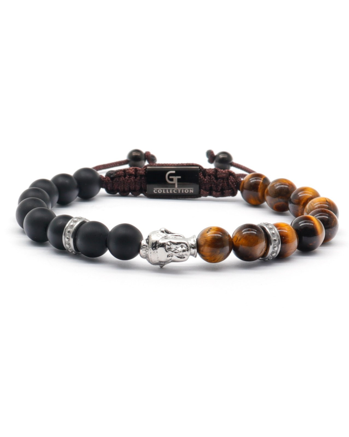Beaded bracelet with matte black onyx, tiger eye beads, and silver Buddha charm Main image
