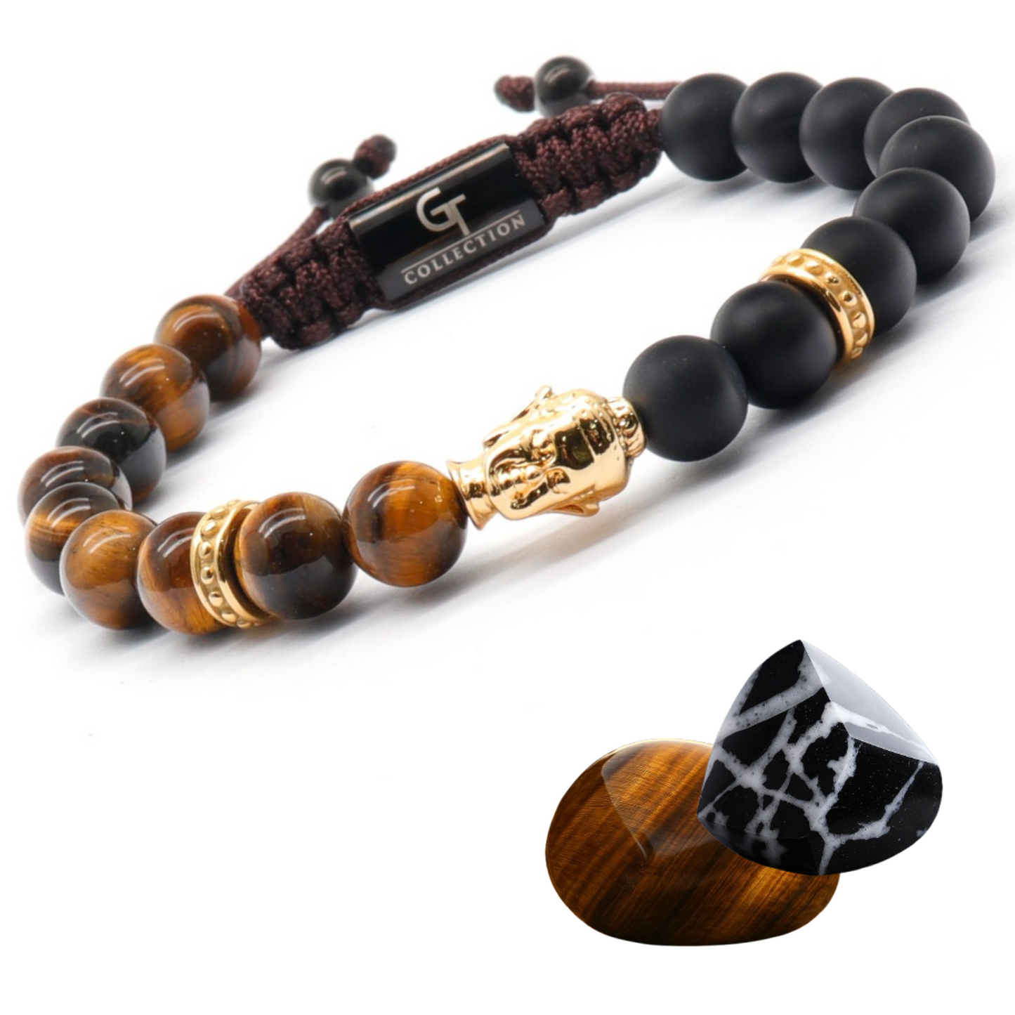 Bracelet homme en perles de Bouddha doré avec OEIL DE TIGRE et pierre ONYX - Taille unique