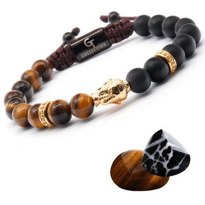 Bracelet homme en perles de Bouddha doré avec OEIL DE TIGRE et pierre ONYX - Taille unique