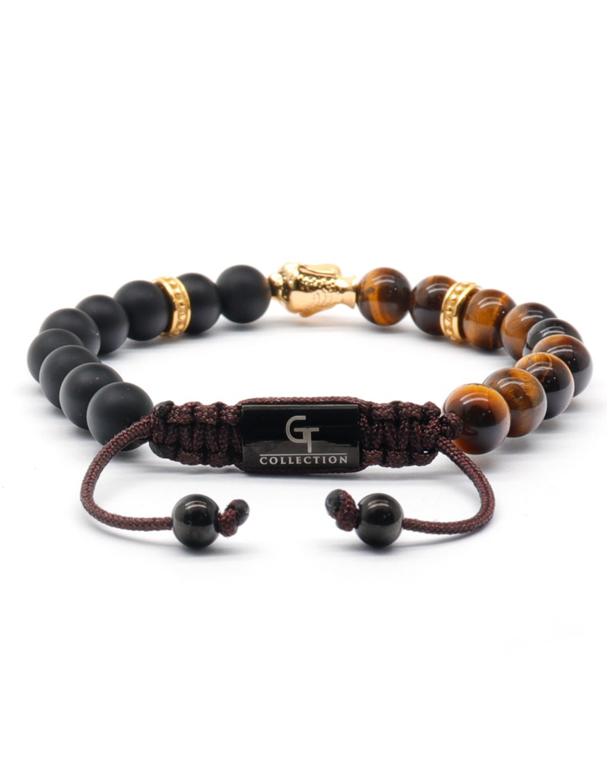 Buddha bracelet with tiger eye and matte black onyx beads, macrame cord and gold accents