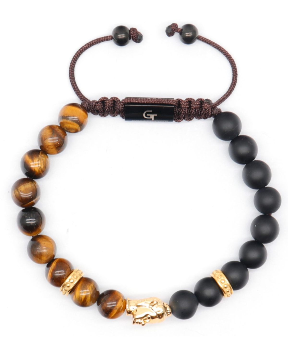 Bead Buddha bracelet with tiger eye and matte black onyx beads, gold-tone charms