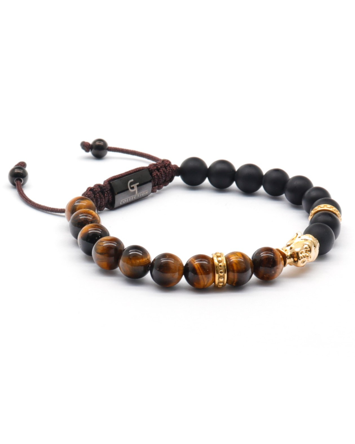 Buddha bracelet with tiger eye oval beads and matte black onyx round beads, gold clasp