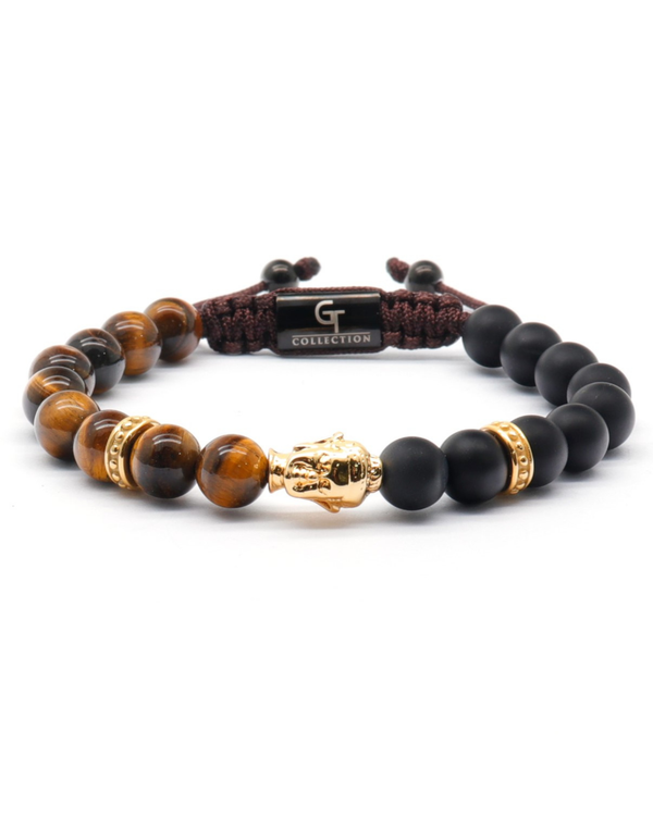Buddha bracelet with tiger eye and matte black onyx beads and gold-tone Buddha centerpiece