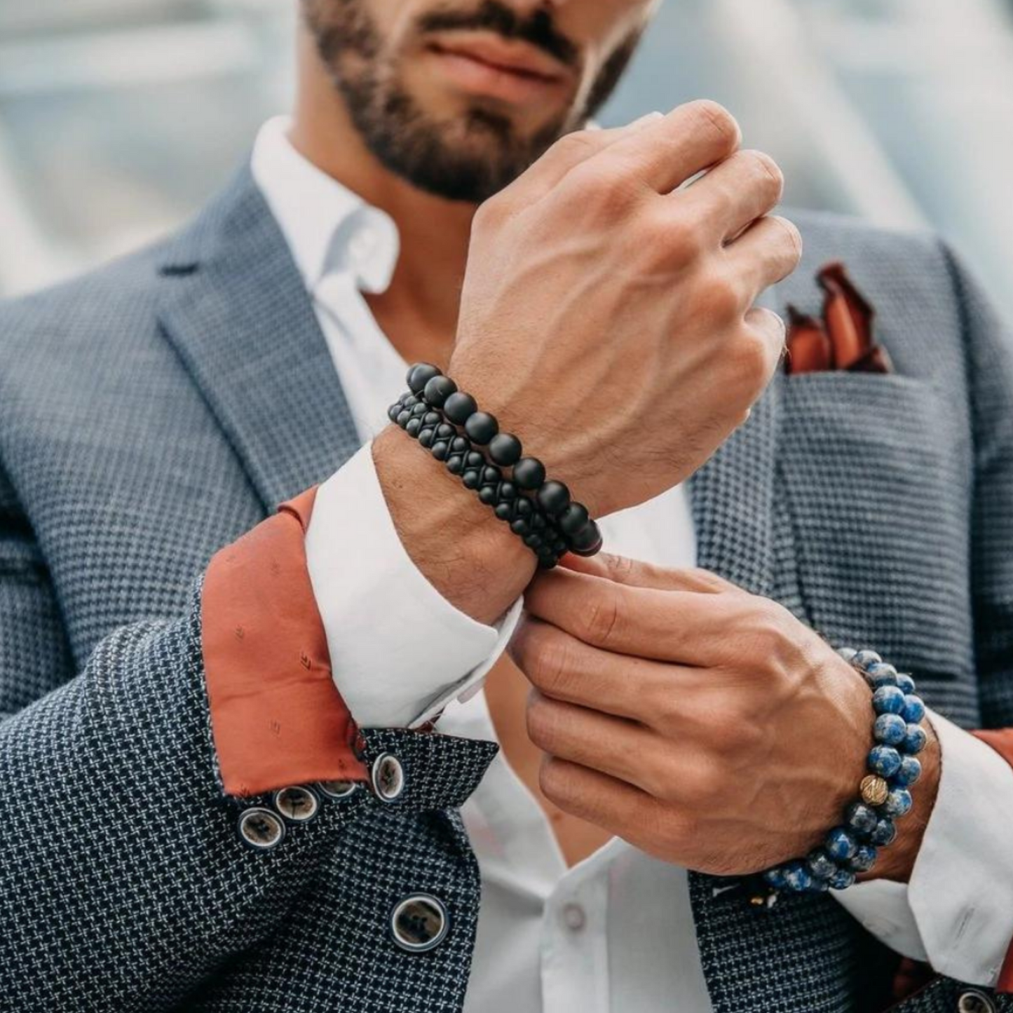 2-DELNI KOMPLET - zapestnica z dvojnimi perlami iz ČRNEGA ONIKSA in zapestnica s ploščatimi perlami