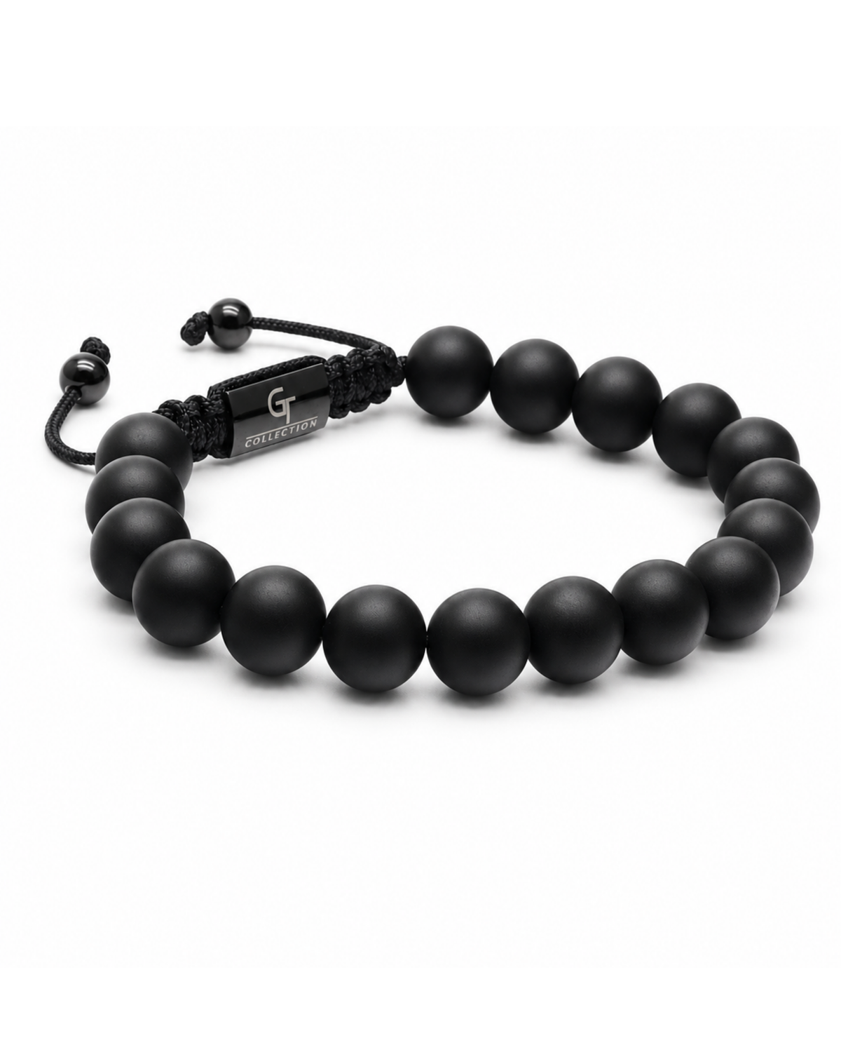 Black onyx-style bead bracelet with woven cord center and metallic logo plate
