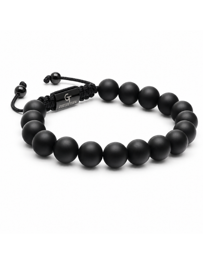 Black onyx-style bead bracelet with woven cord center and metallic logo plate