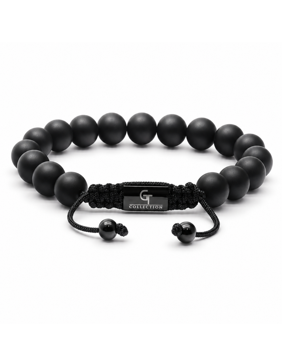 Black bead bracelet with adjustable cord ends and rectangular center plate