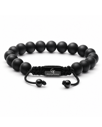 Black bead bracelet with adjustable cord ends and rectangular center plate