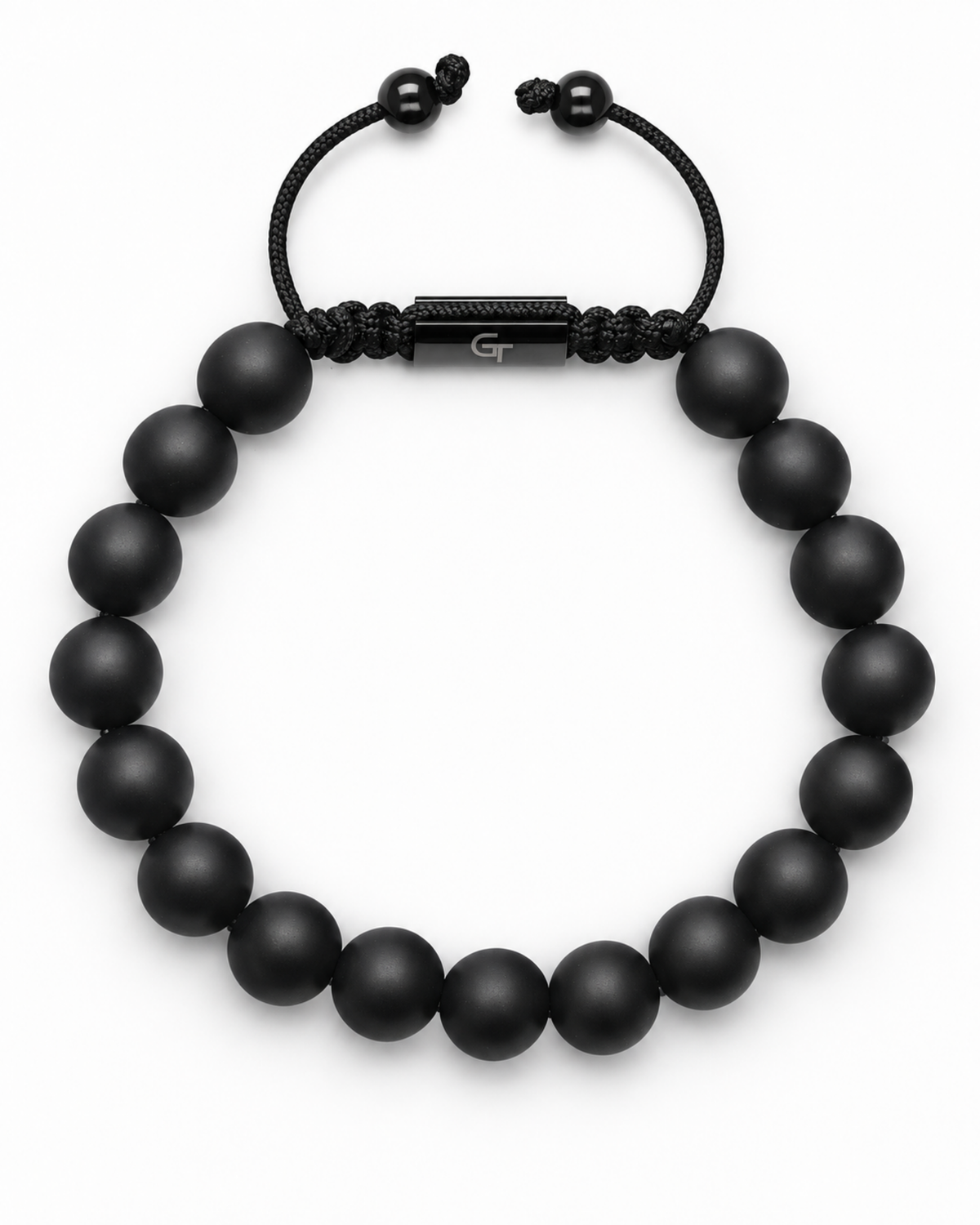 Black bead bracelet featuring woven center bar with small end beads