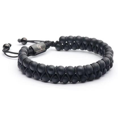 ENSEMBLE 2 PIÈCES - Bracelet double perle et bracelet plat en ONYX NOIR