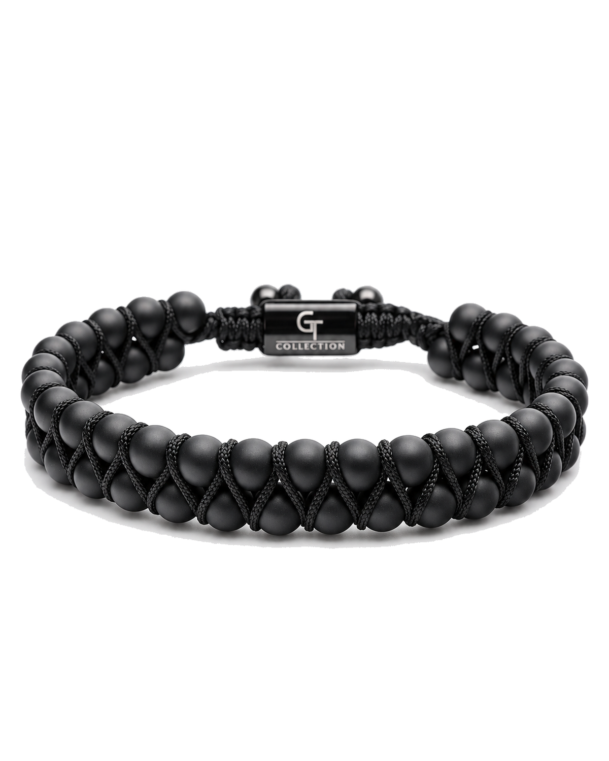 Black double-row beaded bracelet with black cord tie and G Collection metal centerpiece