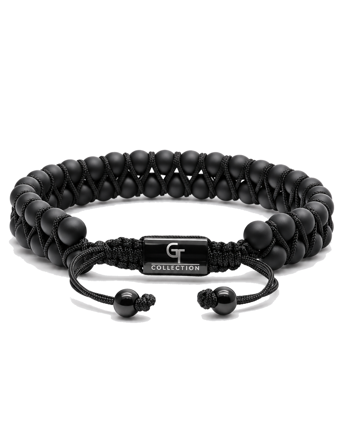 Black double-row beaded bracelet with black drawstring cord and G Collection clasp