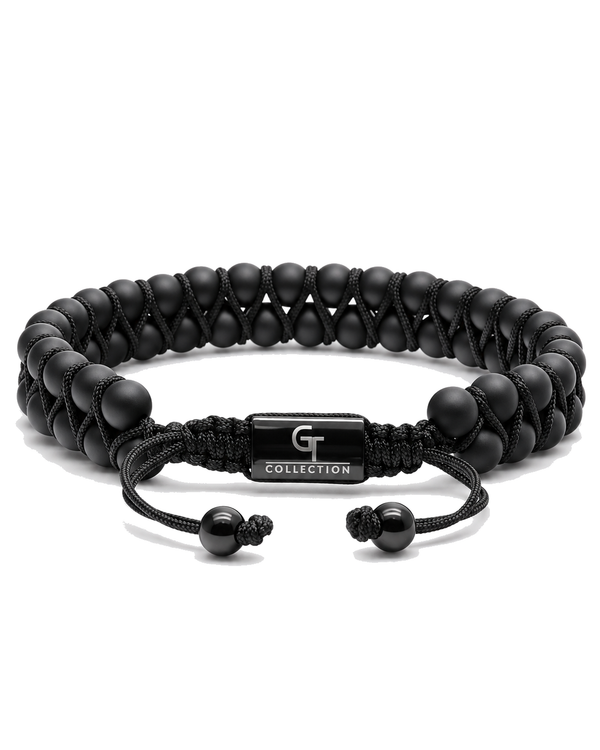 Black double-row beaded bracelet with black drawstring cord and G Collection clasp