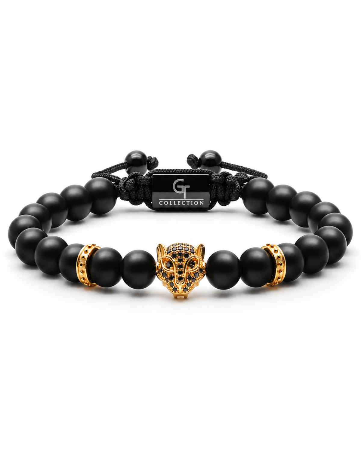 Black bead bracelet with gold leopard head centerpiece and gold barrel spacers Main image