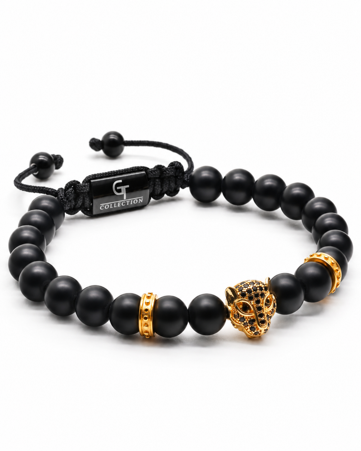 Black bead bracelet with gold leopard charm and black braided tie with G Collection tag