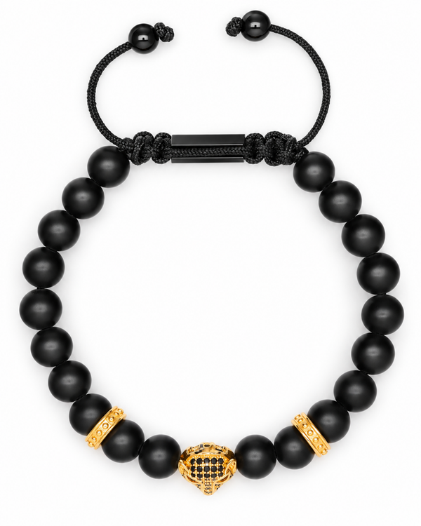 Black bead bracelet with gold leopard charm and black cord center clasp