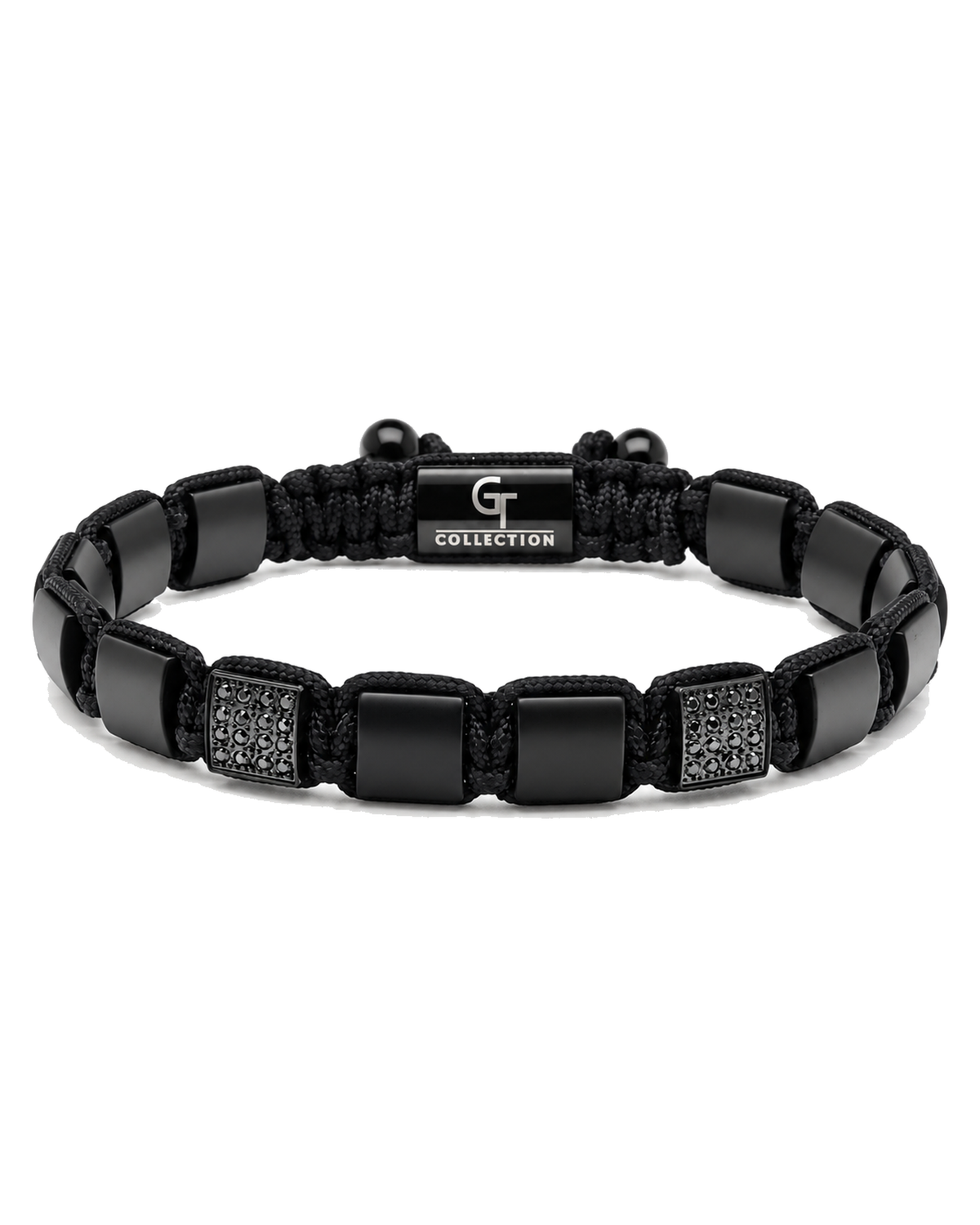 Black bead bracelet with braided rope, square links, and engraved "G COLLECTION" plate
