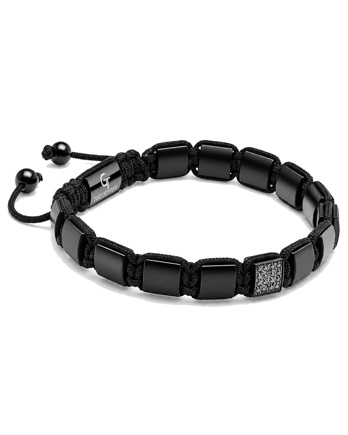 Black beaded bracelet with braided cord, square bead segments, and engraved plate detail