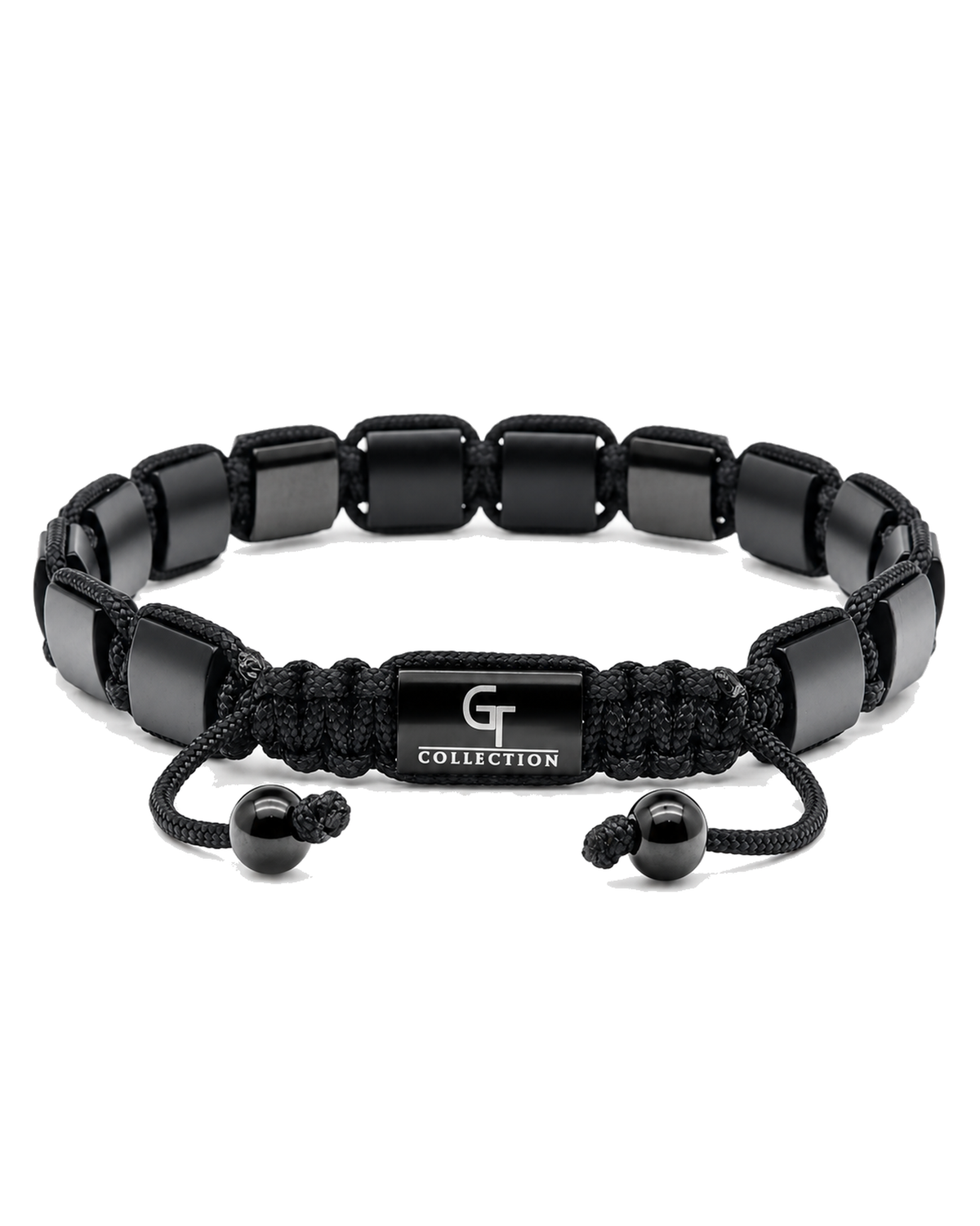 Black bead bracelet with central "G COLLECTION" plate and braided pull cords