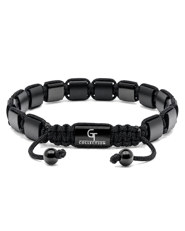 Black bead bracelet with central "G COLLECTION" plate and braided pull cords