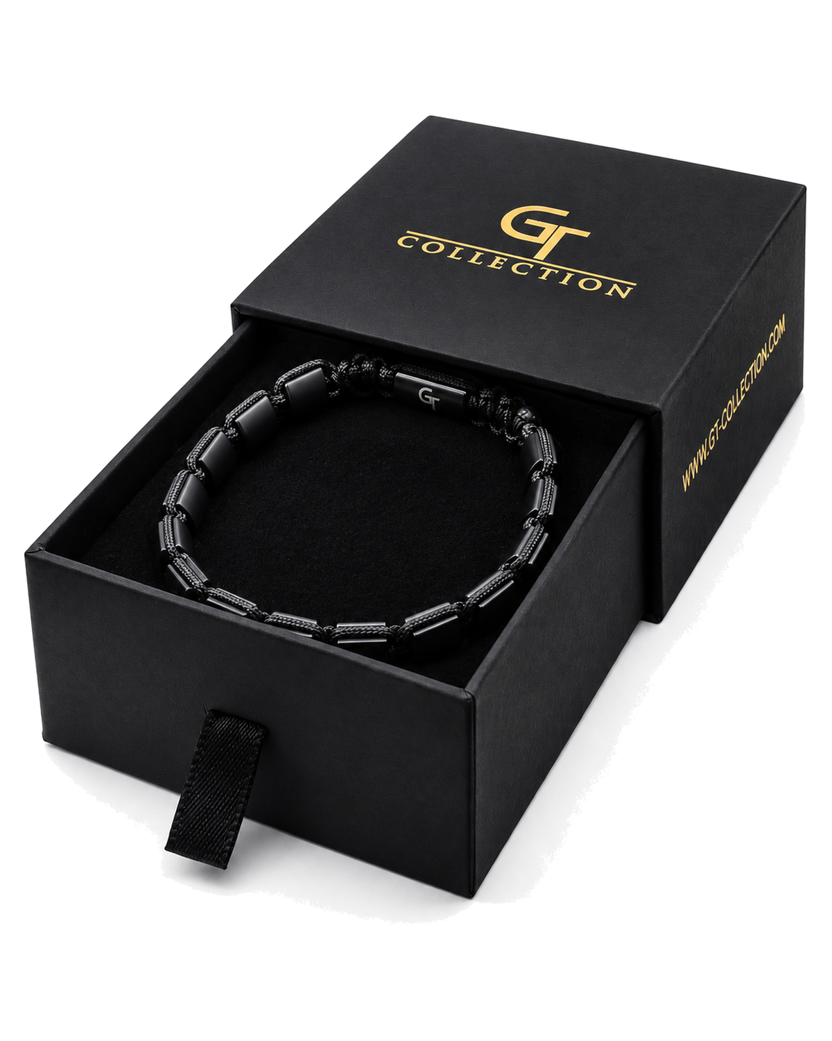 Black bead bracelet resting in a gift box with a gold "G COLLECTION" logo on lid