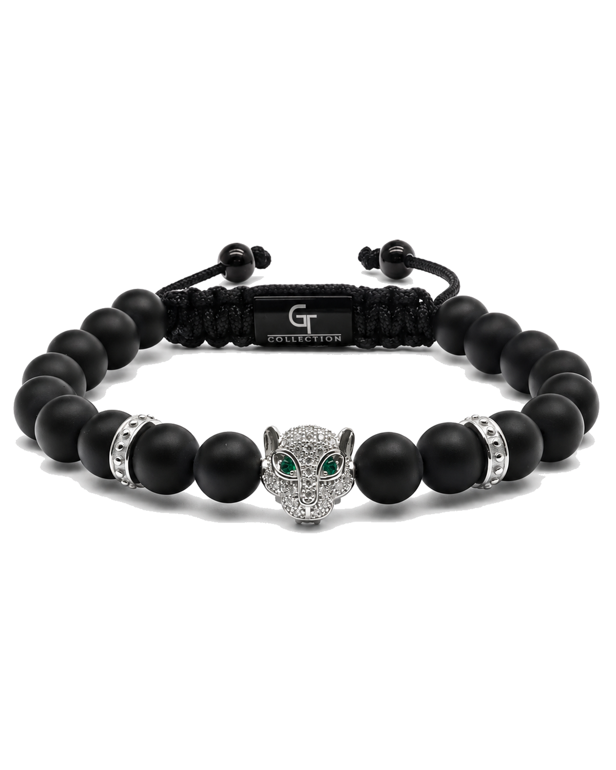 Black onyx bead bracelet with silver leopard charm and green stone, adjustable cord