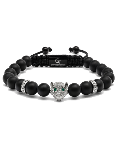 Black onyx bead bracelet with silver leopard charm and green stone, adjustable cord
