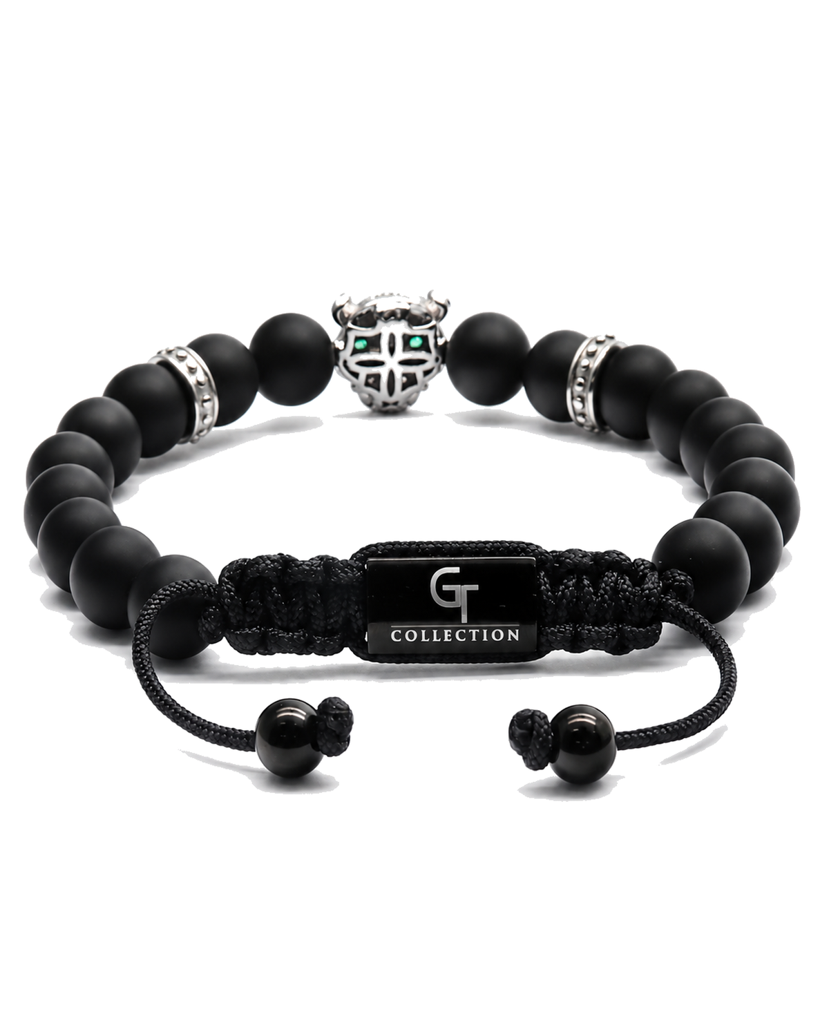 Black onyx bead bracelet with silver leopard head charm and black cord clasp